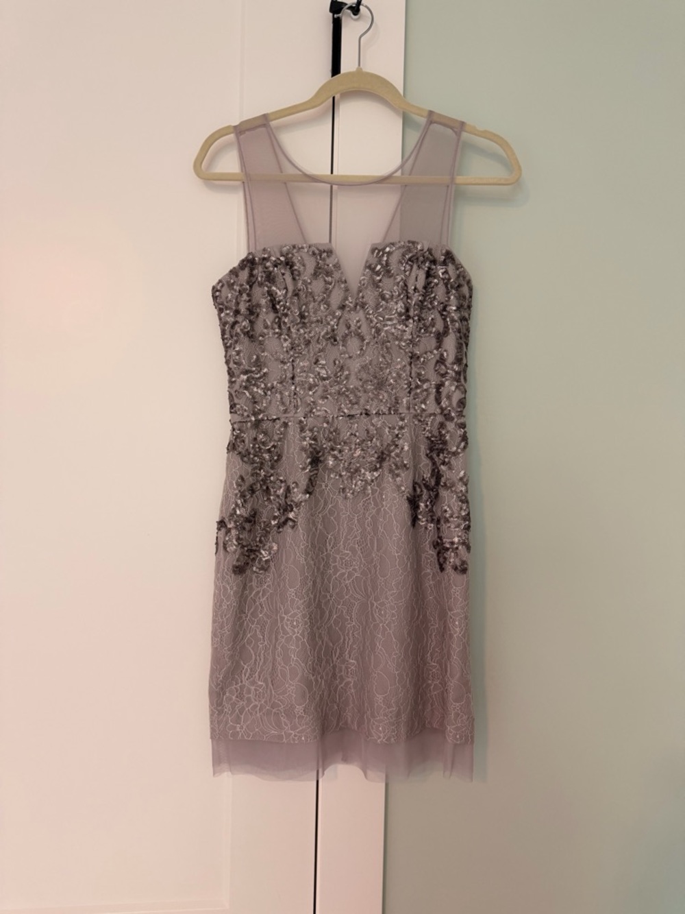 BCBGMaxAzria Silver-Lavender Sequin Lace Sheer Top Mini Prom Evening Dress